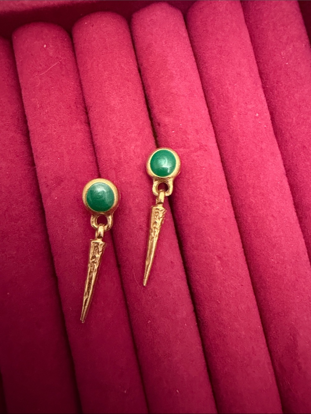 Gold Spike Drop Earrings with Green Stone